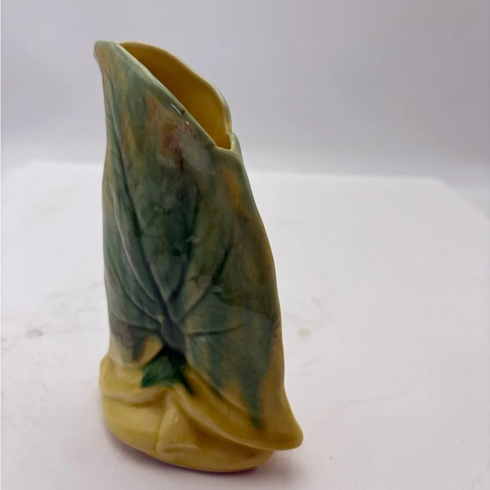 Mid-Century Modern Handcrafted Green and Yellow Leaf Vase